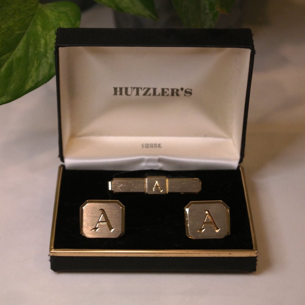 Swank Vintage Cufflinks and Tie Clip Letter "A" Gold Tone